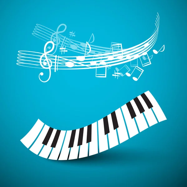 Piano klavier. Abstracte sleutels Wave met notities en personeel op blauwe achtergrond. Opname Studio Vector Logo. — Stockvector