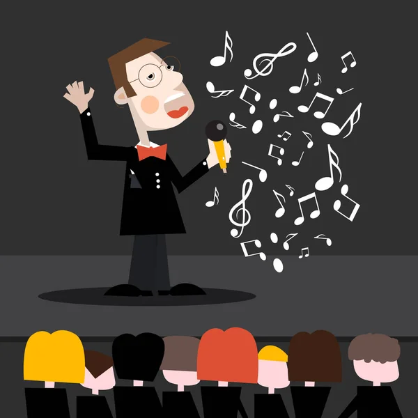 Cantante de dibujos animados. Man Singing Song with Notes and Audience. Ilustración del concierto vectorial . — Vector de stock