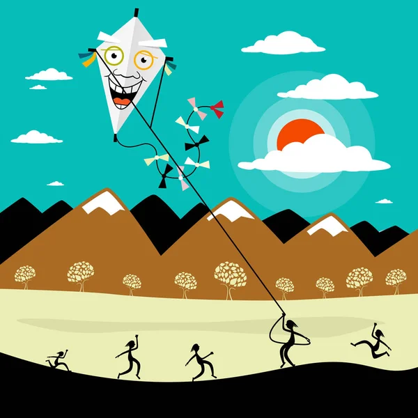 Vuela una cometa. Dibujos animados vectoriales con gente en el prado. Montañas y cielo sobre fondo . — Vector de stock
