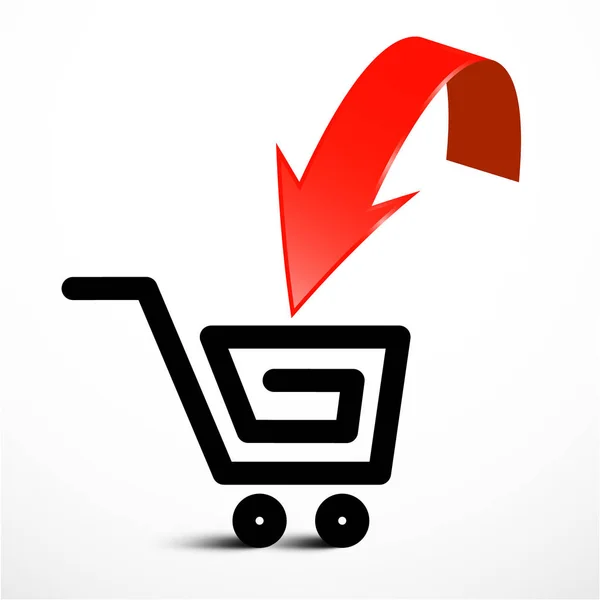 Red Arrow with Shopping Cart Icon. Vector Insert Product Symbol. — Stock Vector
