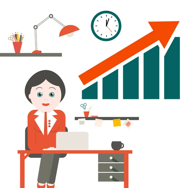 Kvinna i Office. Vector sekreterare med tabell och framgång pilen diagram. — Stock vektor