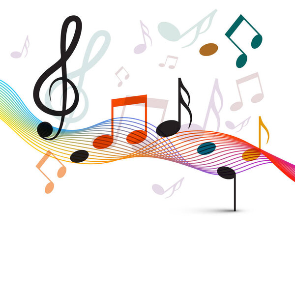 Music Notes and Staff. Colorful Wave Musical Abstract Background.