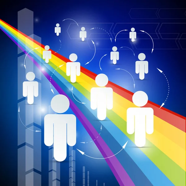 人々 - 紙カット虹と青色の背景色の矢印が付いたアイコン — ストックベクタ