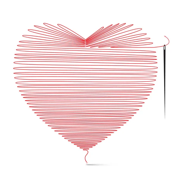 Heart Icon Made from String with Needle. Vector Illustration Isolated on White Background — Stock Vector