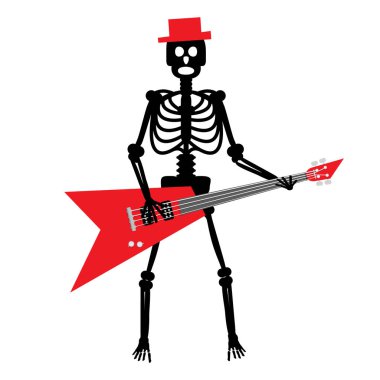İnsan iskeleti gitar ile. Kırmızı şapka vektör karikatür ile deli Punk Rock gitarist.