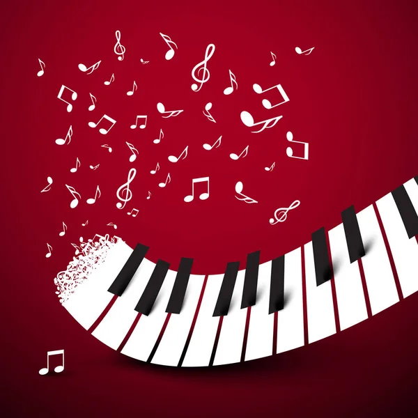 Toetsen van de piano. Toetsenbord met notities. Muziek symbool. Vectorillustratie op donkere rode achtergrond. — Stockvector