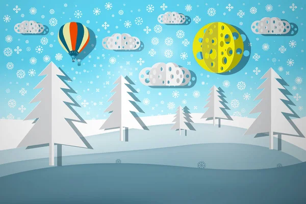 Vinterlandskap. Papper skära natur scen. Vektorillustration. — Stock vektor