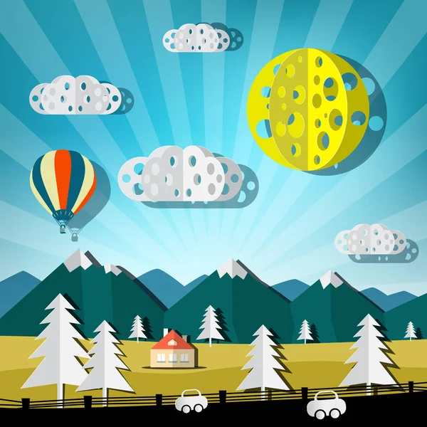 Kağıdı manzara kesin. Yol, arabalar, tepeler ve sıcak hava balonu ile vektör doğa sahne. — Stok Vektör
