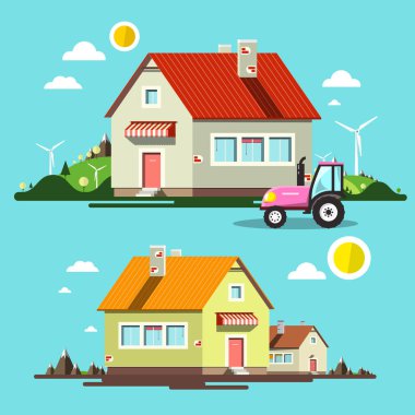 Düz tasarım evi. Evler ve traktör köyüne dağlar ve tepeler arka plan üzerinde