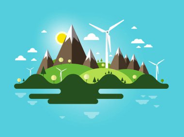 Düz tasarım manzara. Soyut doğa sahne. Yel değirmenleri, dağlar ve mavi gökyüzü ile vektör ada.