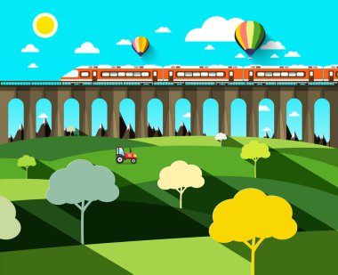 Yüksek Köprüsü'nde Modern tren ve mavi gökyüzü üzerinde sıcak hava balonları, düz tasarım yatay