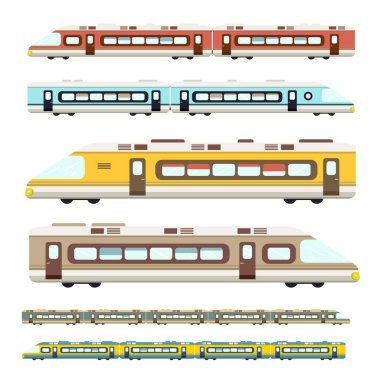 Tren. İzole üzerinde beyaz arka plan vektör düz tasarım Modern trenler Icons Set.