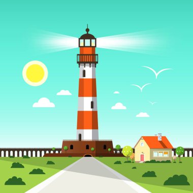 Fener kulesi vektör çizim martılar mavi gökyüzü, ev ve güneş ile