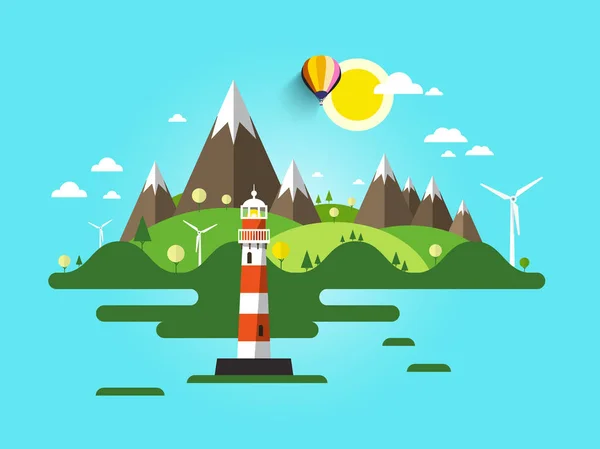 Lighthouse vektorillustration. Platt Design natur scen. Havet eller havet landskapet med berg och vindsnurror på ön. — Stock vektor