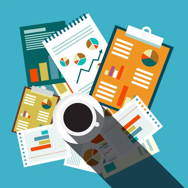 Business flache Design Retro-Hintergrund von oben. Papiere, Grafiken, Berichte und Kaffeetasse auf blauem Tisch. — Stockvektor