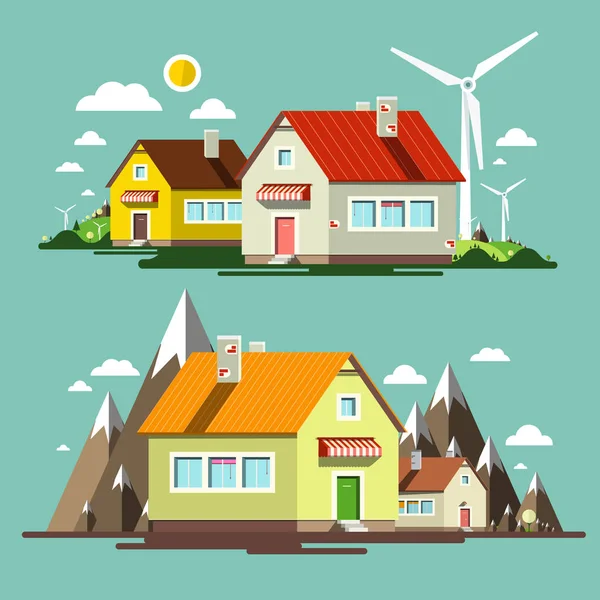 Escena de naturaleza de diseño plano con casas y molinos de viento — Vector de stock