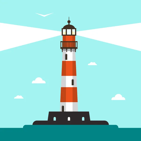 海と青空とフラット デザイン灯台のイラスト — ストックベクタ