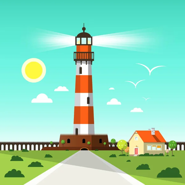 Ilustração do vetor da torre do farol com gaivotas no céu azul, na casa e no sol — Vetor de Stock