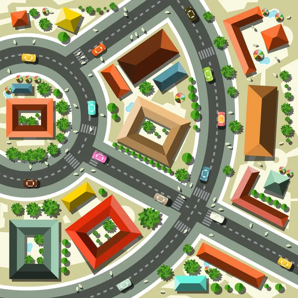 顶视图平面设计矢量抽象城市航拍与街道、 房屋、 汽车和人 — 图库矢量图片