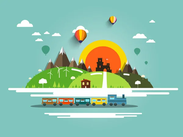 Buharlı tren, eski kale ve sıcak hava balonları, düz tasarım yatay — Stok Vektör