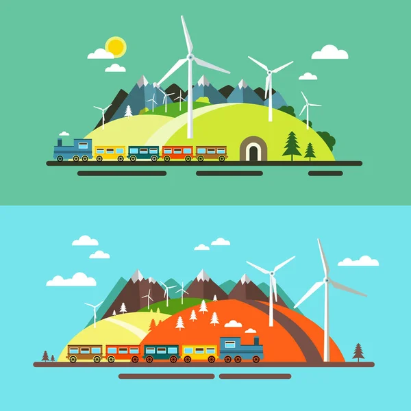 Paisaje con Tren. Escena natural abstracta de diseño plano con montañas, colinas y molinos de viento — Vector de stock