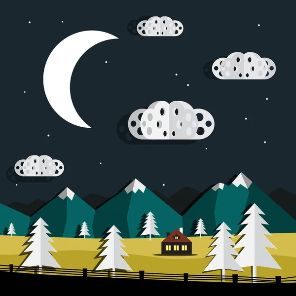 Paesaggio notturno vettoriale. Tagliare alberi di carta e nuvole. Montagne sullo sfondo . — Vettoriale Stock