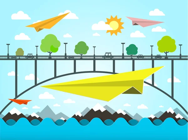 Paisagem com Planícies de Papel. Bridge and Ocean Vector Illustration (em inglês). Cena de natureza vetorial de design plano . — Vetor de Stock