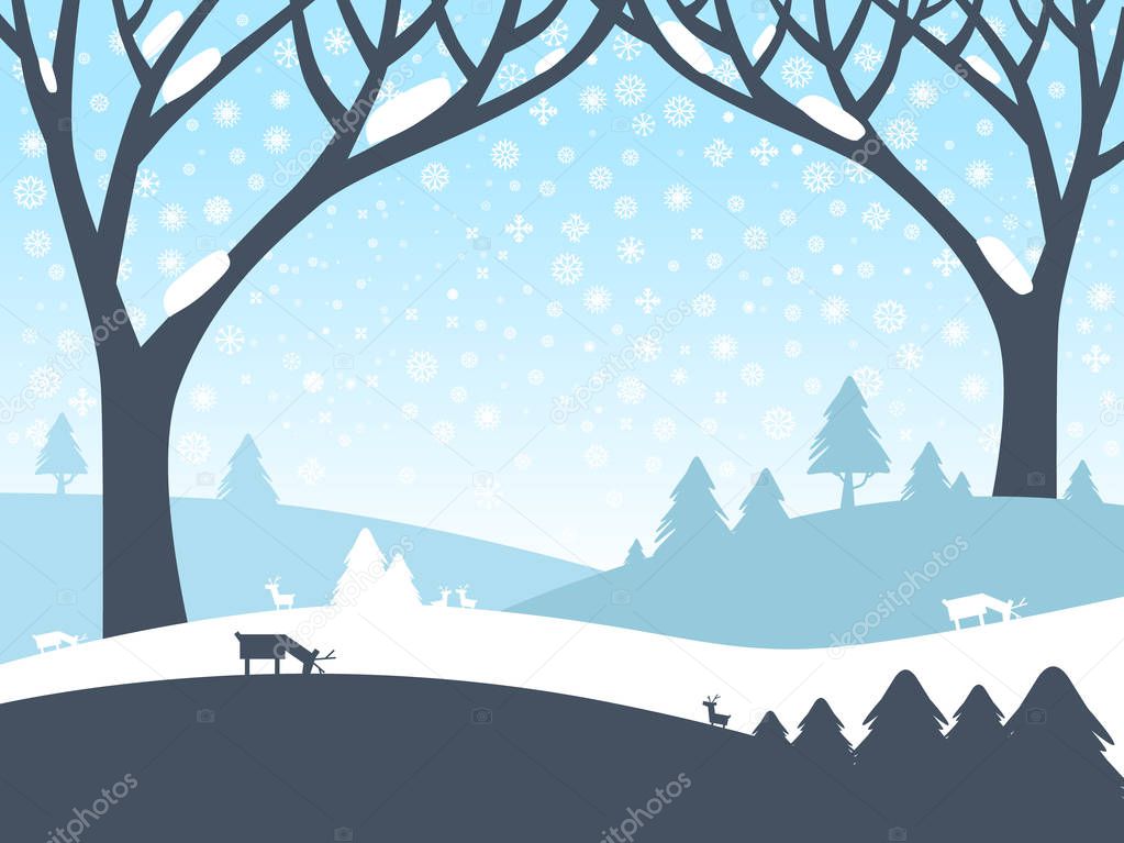 Winter Landscape. Vector Nature Scene with Trees, Roe Deer and Field Covered with Snow.