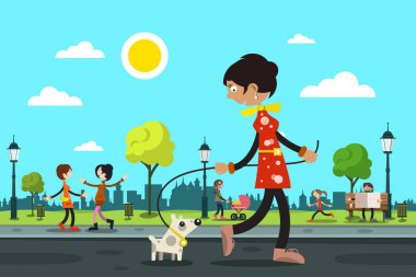 Kadın ile köpek ve insanlar şehir Park arka plan üzerinde