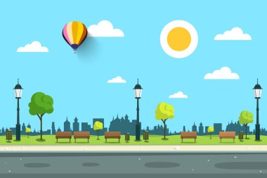 Boş park lambaları, ağaçlar ve yol