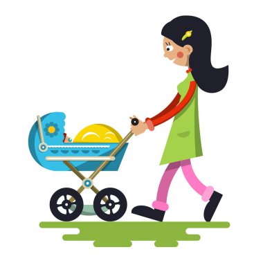 Genç anne bebek çocuk arabası ile. Beyaz arka plan üzerinde vektör kadın karikatür izole.