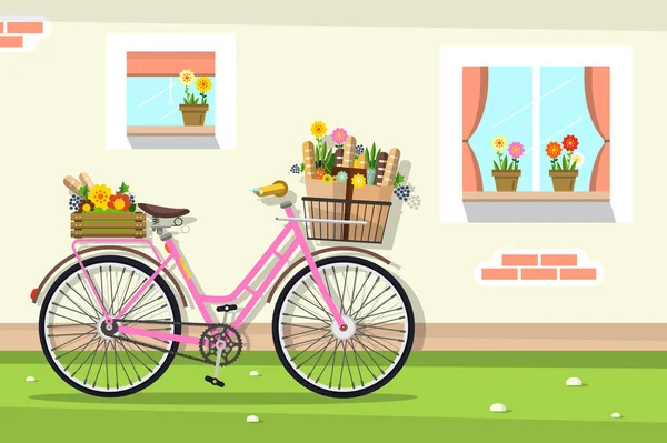 Retro Pink Bicycle with House Wall and Windows — Stock Vector