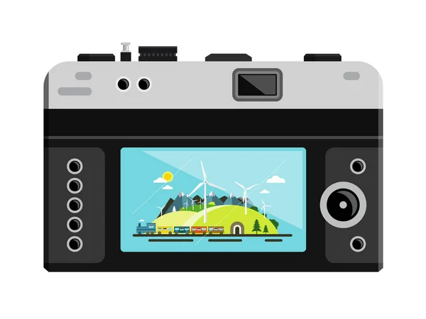 Retro Vector Digital Photo Camera with Landscape on Display Isolated on White Background — Stock Vector