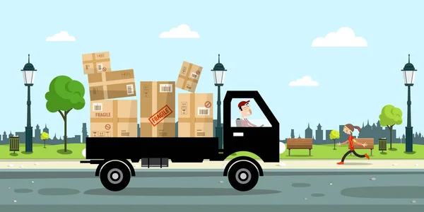 Servicio de entrega de coches con cajas de papel y conductor en la calle con el parque de la ciudad en segundo plano. Ilustración vectorial . — Vector de stock