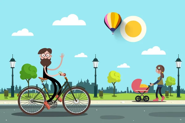 Uomo in bicicletta e giovane donna con carrozzina nel parco cittadino. Vector Flat Design Cartoon. Giornata di sole in città . — Vettoriale Stock