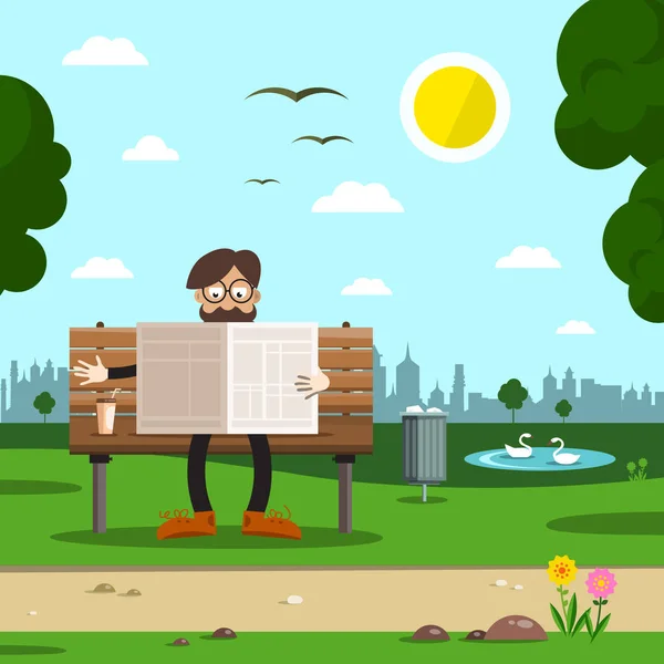 Uomo sulla panchina a City Park. Cartone animato di design piatto vettoriale . — Vettoriale Stock