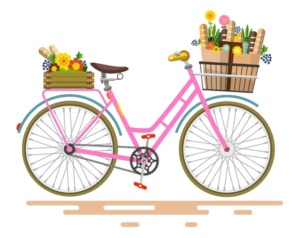 Bicicleta Vector Rosa - Bicicleta con flores y verduras en la cesta aislada sobre fondo blanco . — Vector de stock