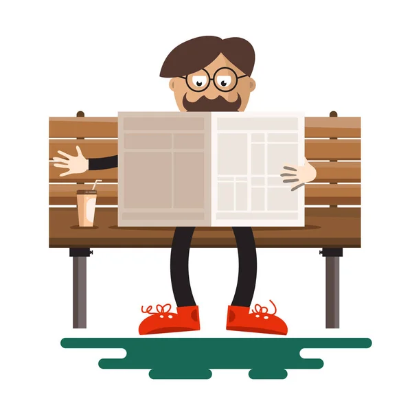 Hombre leyendo periódicos en el banco con café en el parque. Ilustración de diseño plano vectorial aislada sobre fondo blanco . — Vector de stock