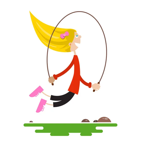 Junges Mädchen beim Seilspringen. flaches Design Vektor Karikatur isoliert auf weißem Hintergrund. — Stockvektor