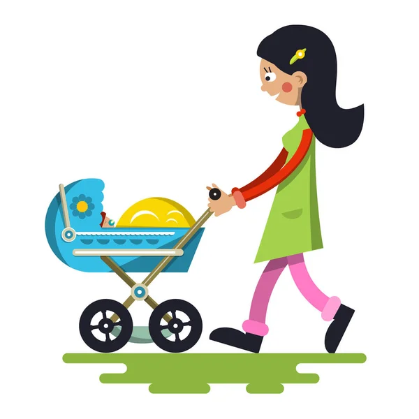 Young Mother with Baby on Pram. Vector Lady Cartoon Isolated on White Background. — Stock Vector