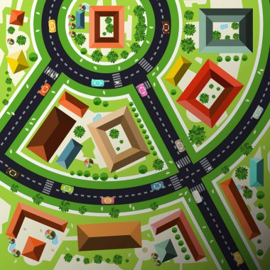 Sokaklar, evler, arabalar ve insanlar ile hava üst görünüm düz tasarım vektör soyut yeşil şehir haritası
