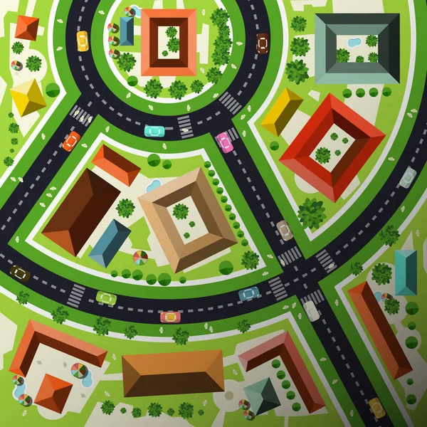 Aerial Top View Flat Design Vector Abstract Green City Map with Streets, Houses, Cars and People — Stock Vector