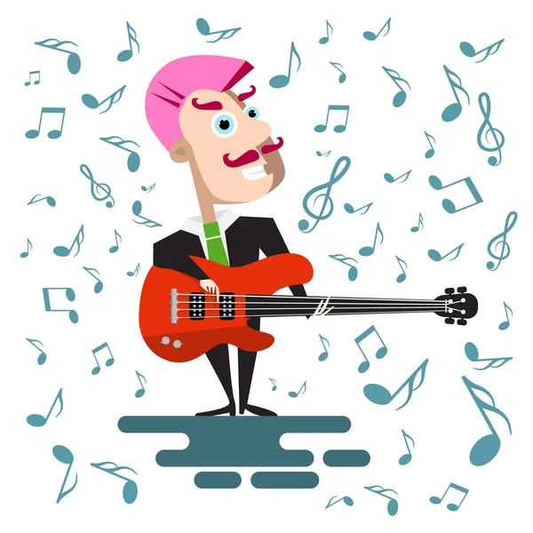 Sänger im Anzug mit Bassgitarre. Vektor flaches Design rosa Punkfrisur Musiker von Noten umgeben — Stockvektor