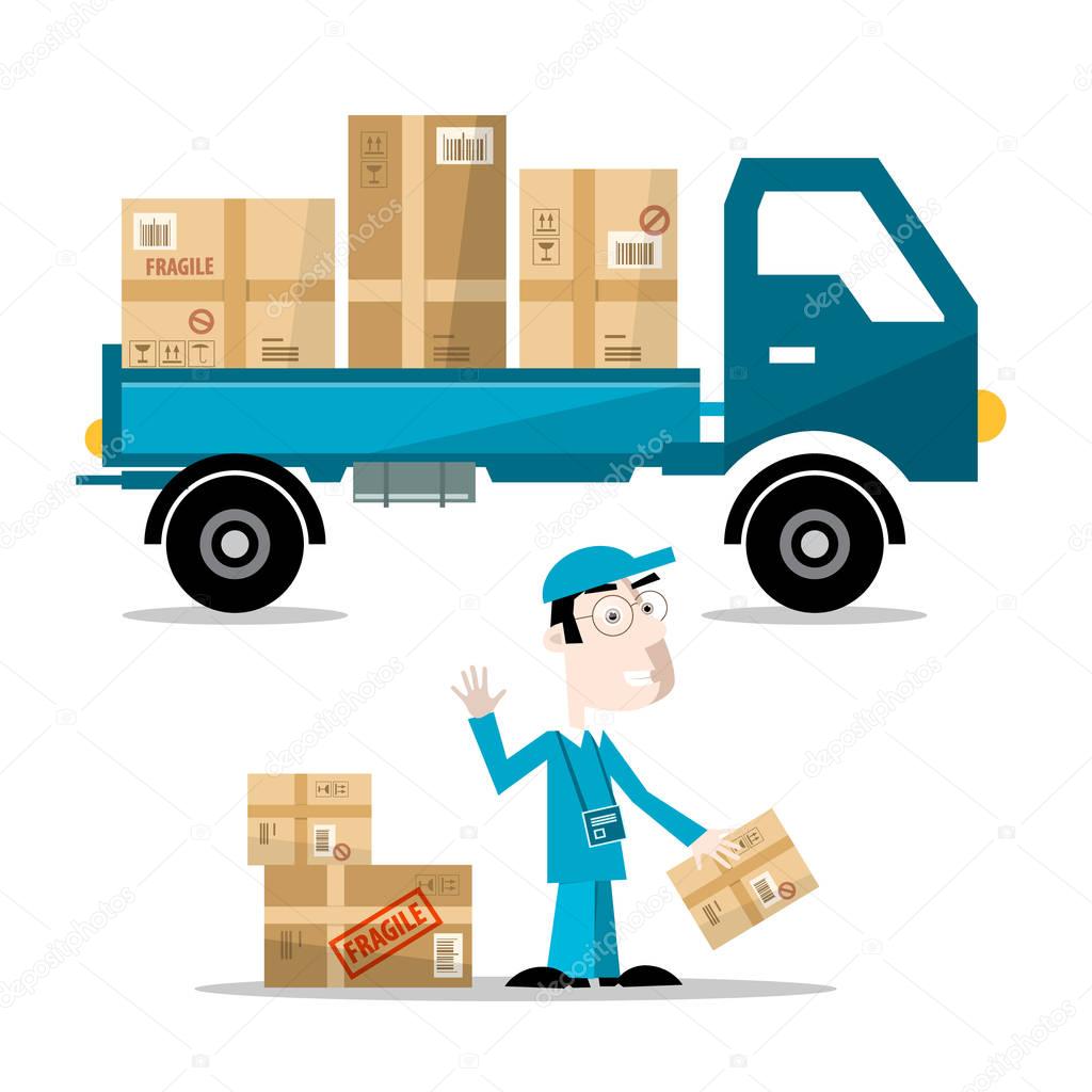 Delivery Man with Boxes on Car. Vector Flat Design Illustration Isolated on White Background.