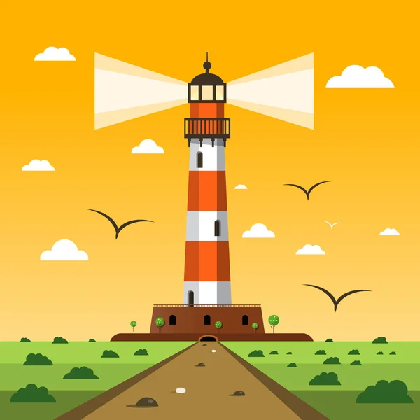 Leuchtturm. Vektor Sonnenuntergang Natur Landschaft Cartoon. — Stockvektor