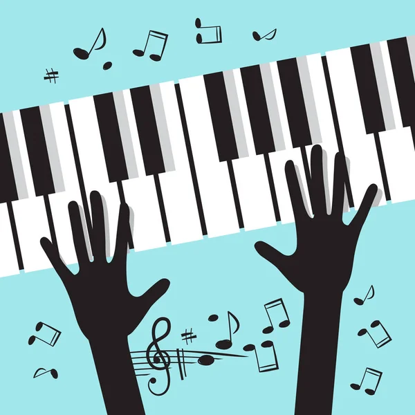 Handen spelen Piano met notities. Vector muziek blauwe achtergrond — Stockvector