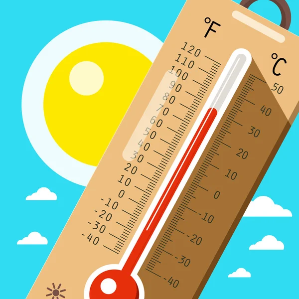 Termômetro com Céu e Sol. Tempo quente no verão. Desenhos animados vetoriais . — Vetor de Stock