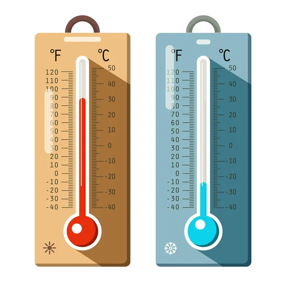 Termómetros Conjunto de Ícones. Verão e Inverno Termômetro quente e frio . — Vetor de Stock