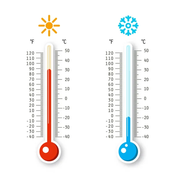 따뜻한 것과 차가운 날씨 아이콘입니다. 흰색 배경에 고립 된 벡터 온도계. — 스톡 벡터