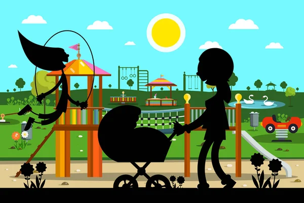 Kid's speeltuin in Park met moeder en kind silhouet — Stockvector